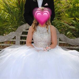 Beaded Bateau Neck Tiered White Tulle Ball Gown